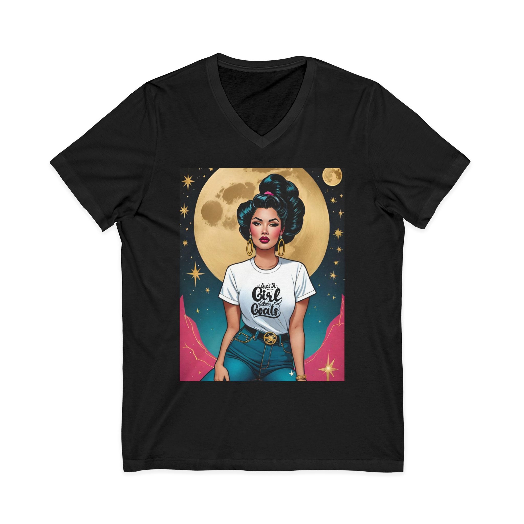 A Girl with Goals Vintage Retro Glam Moon Goddess V-Neck Tee — 'Girl Power' Graphic Shirt