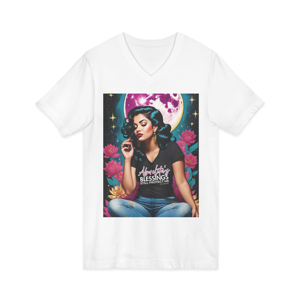 Abuelitas Blessings Still Protect Me Vintage Retro Glam Moonlight V-Neck Tee — Spiritual Inspirational Graphic Shirt