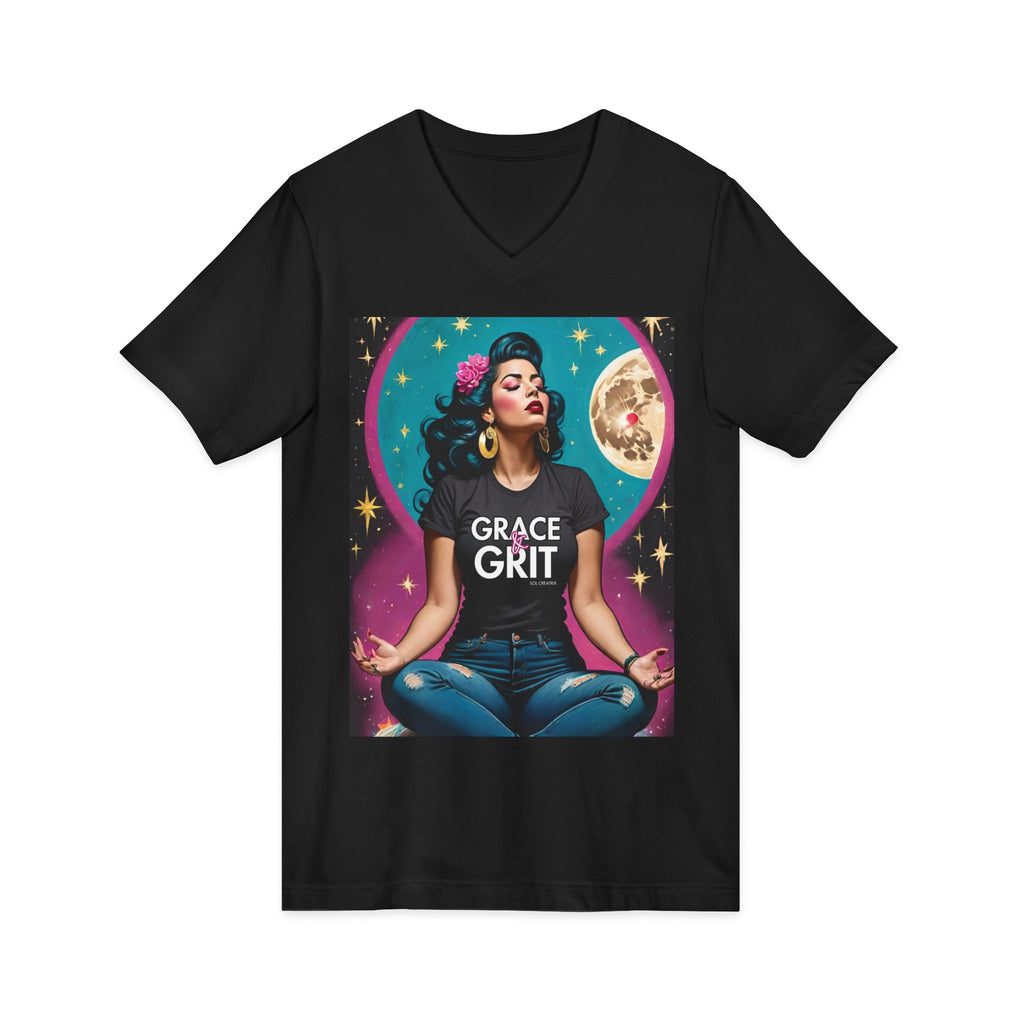 Grace & Grit Magenta Vintage Retro Glam Meditation V-Neck Tee — Retro Zen Woman Graphic Shirt