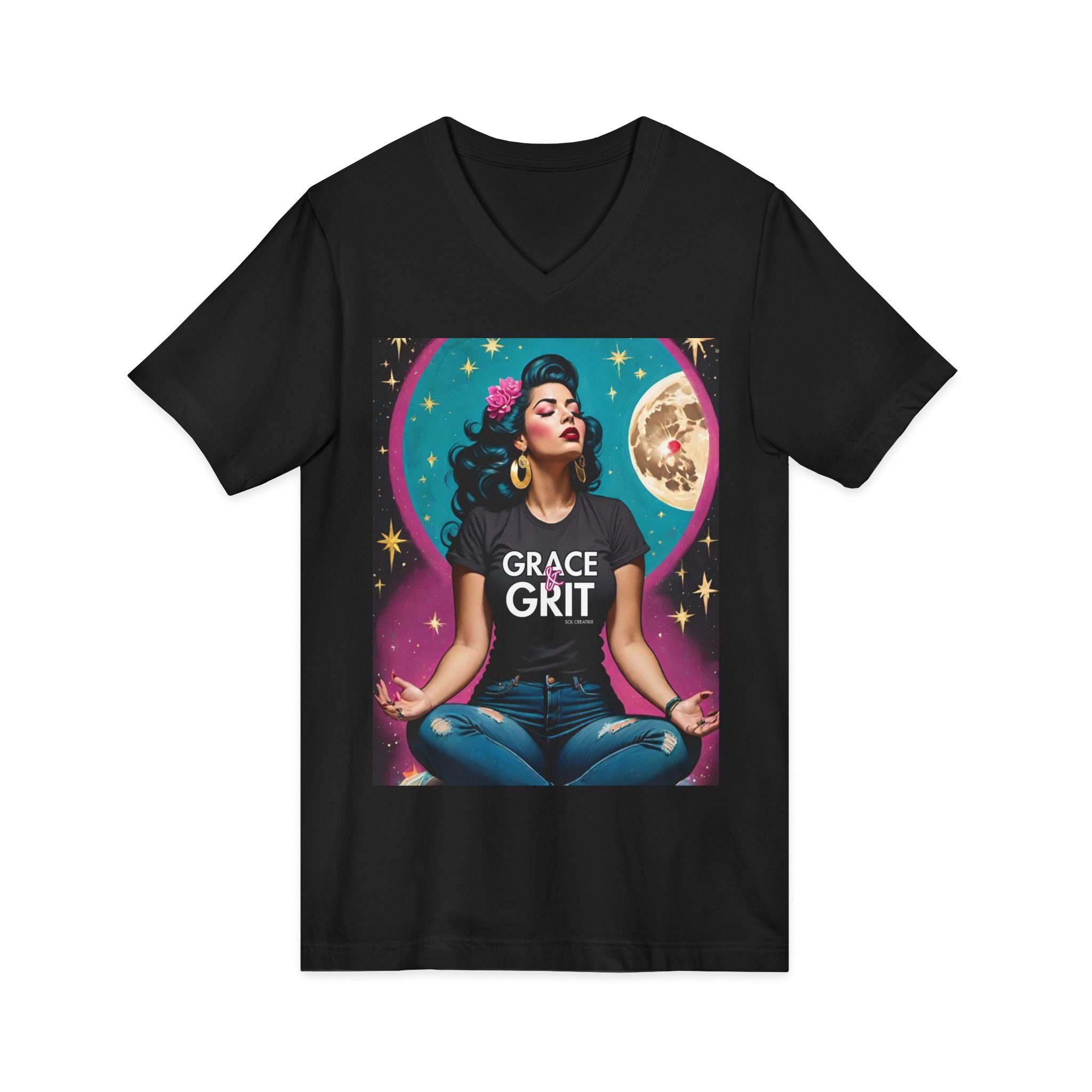 Grace & Grit Magenta Vintage Retro Glam Meditation V-Neck Tee — Retro Zen Woman Graphic Shirt