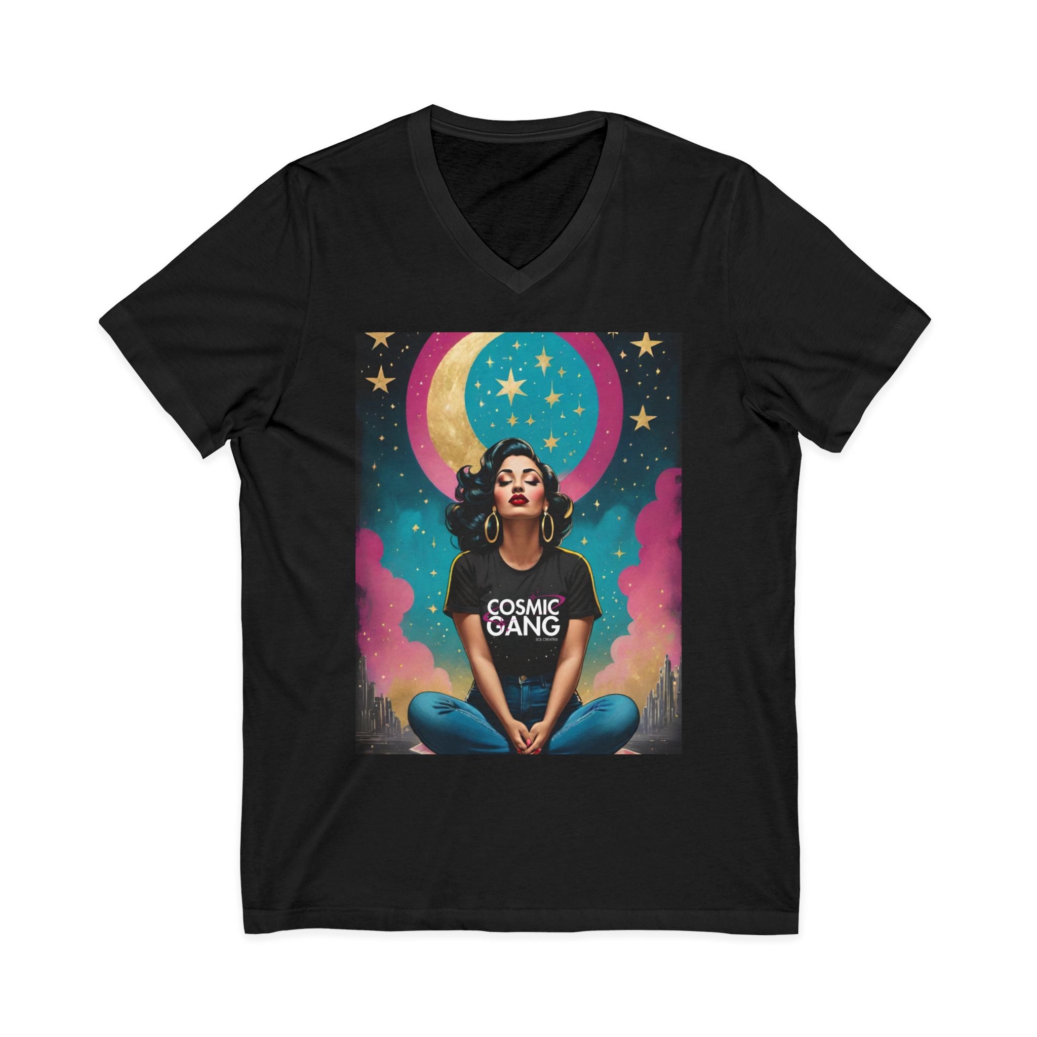 Cosmic Gang Vintage Retro Glam V‑Neck Tee — Retro Moon & Stars Graphic T‑Shirt