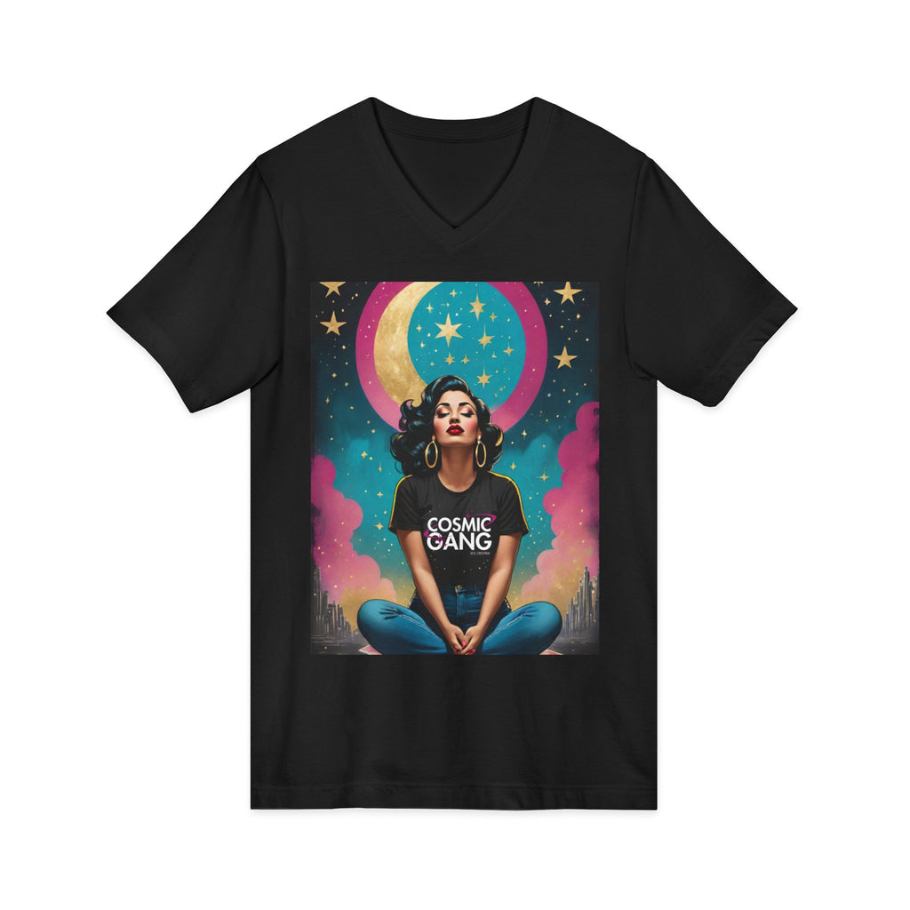 Cosmic Gang Vintage Retro Glam V‑Neck Tee — Retro Moon & Stars Graphic T‑Shirt