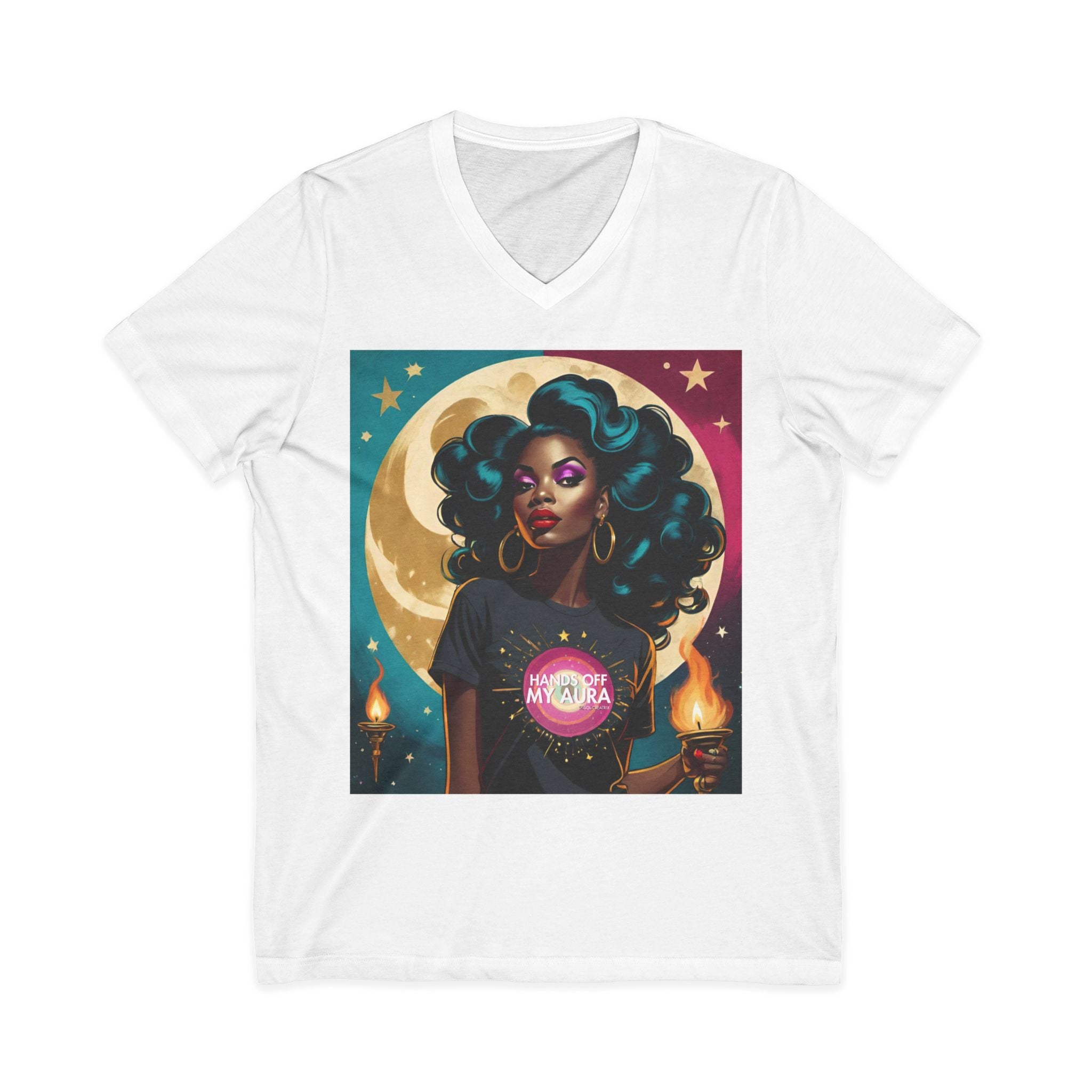 Hands Off My Aura Vintage Glam V-Neck Tee — Retro Glam Portrait Graphic T-Shirt