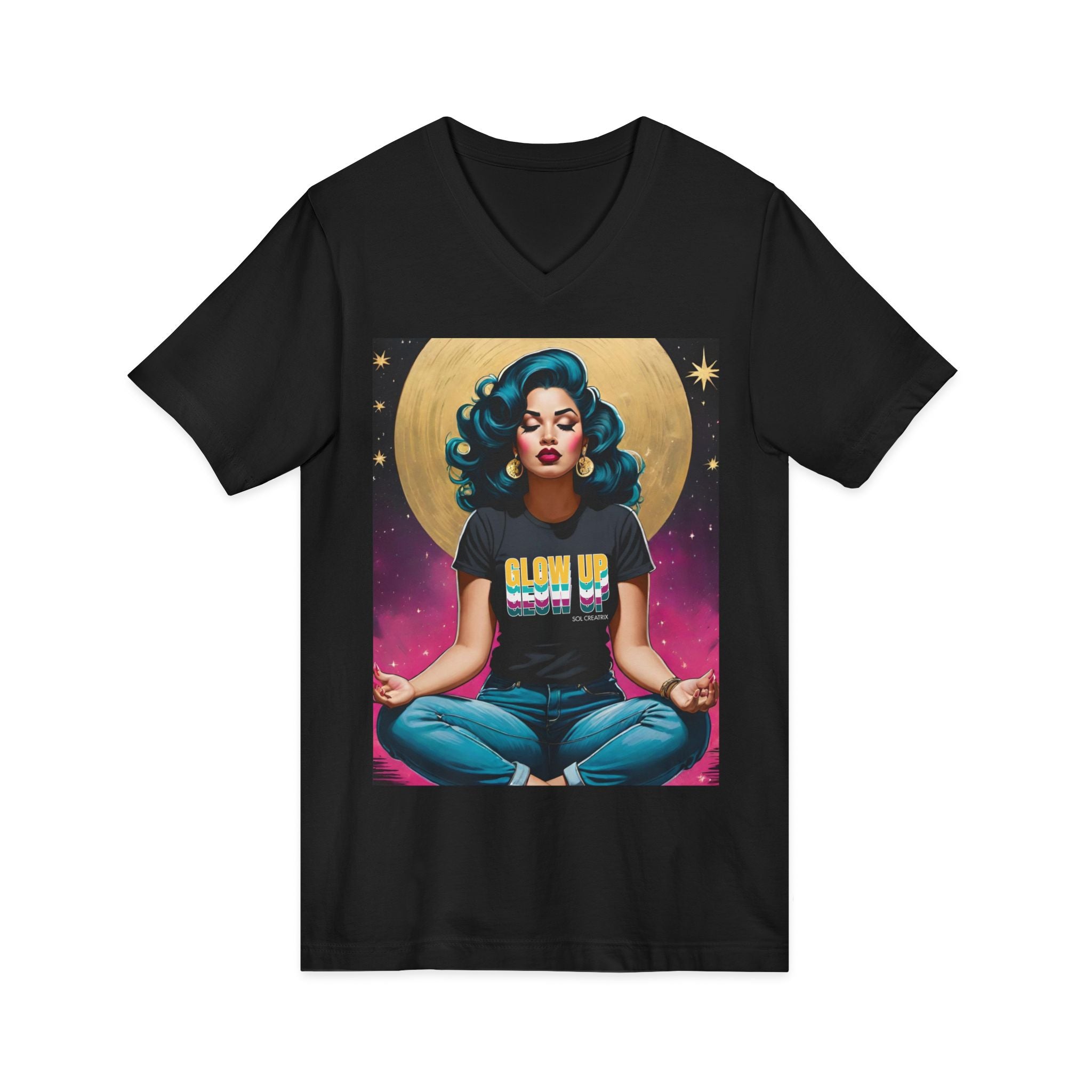 Glow Up Vintage Retro Glam Meditation V-Neck Tee — 'Glow Up' Retro Goddess Graphic T-Shirt