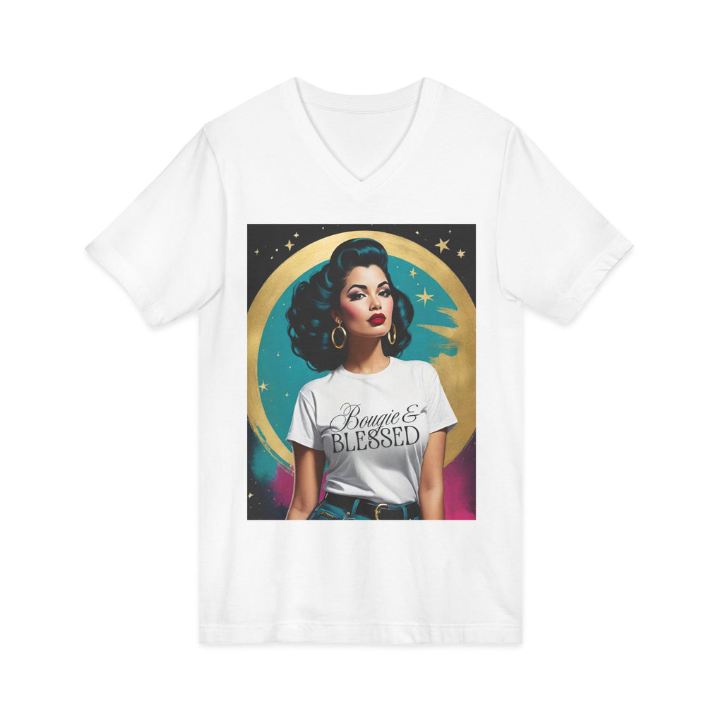 Bougie and Blessed Vintage Retro Glam V-Neck Tee — "Bougie & Blessed" Retro Pinup Graphic T-Shirt
