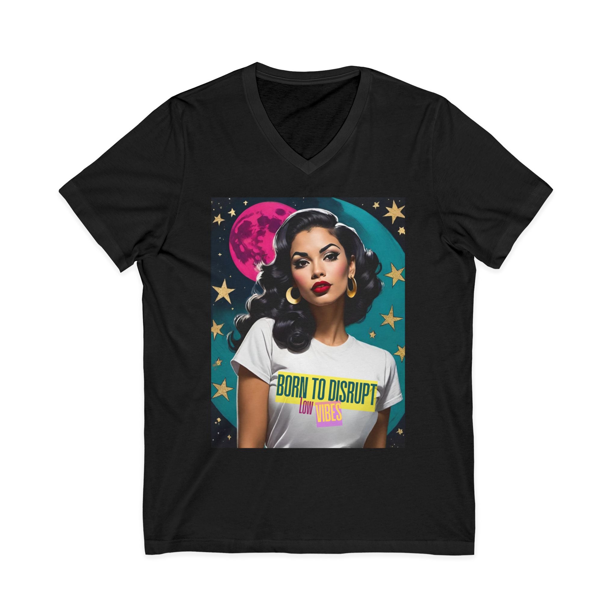 Born to Disrupt Low Vibes Vintage Retro Glam Graphic V‑Neck Tee