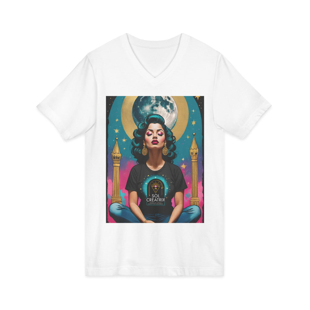 Sol Creatrix Vintage Retro Glam Astro Meditation V‑Neck Tee — Moon Goddess Retro Graphic T‑Shirt