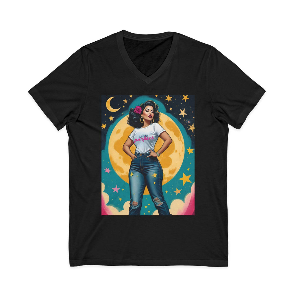 Latina Perfect Vintage Retro Glam Moonrise Babe V-Neck Tee — Confident Retro Woman Graphic Shirt