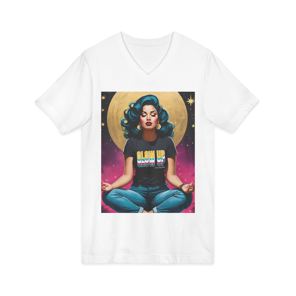 Glow Up Vintage Retro Glam Meditation V-Neck Tee — 'Glow Up' Retro Goddess Graphic T-Shirt