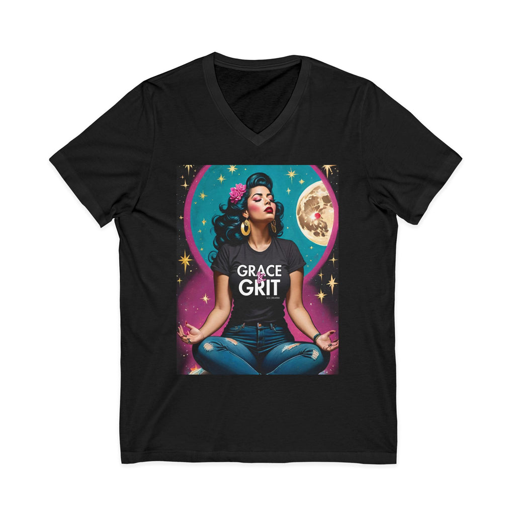 Grace & Grit Magenta Vintage Retro Glam Meditation V-Neck Tee — Retro Zen Woman Graphic Shirt