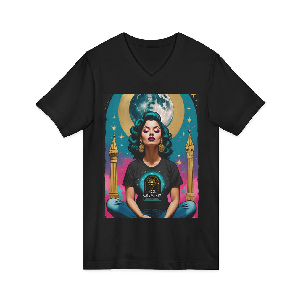 Sol Creatrix Vintage Retro Glam Astro Meditation V‑Neck Tee — Moon Goddess Retro Graphic T‑Shirt