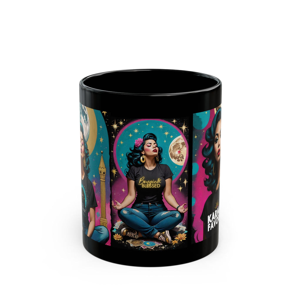 Karma's Favorite Black Ceramic Mug — Retro Pinup Meditation Design (11oz/15oz)
