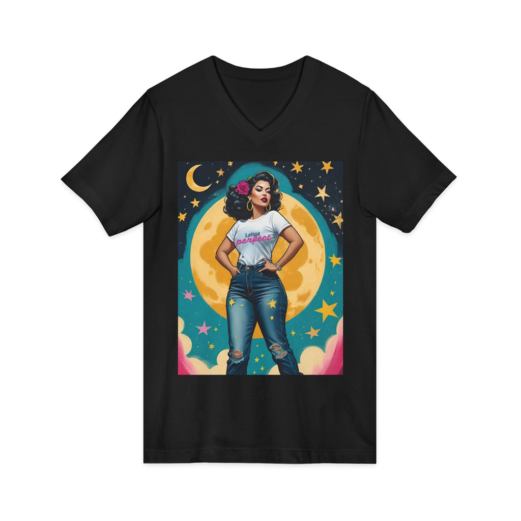 Latina Perfect Vintage Retro Glam Moonrise Babe V-Neck Tee — Confident Retro Woman Graphic Shirt