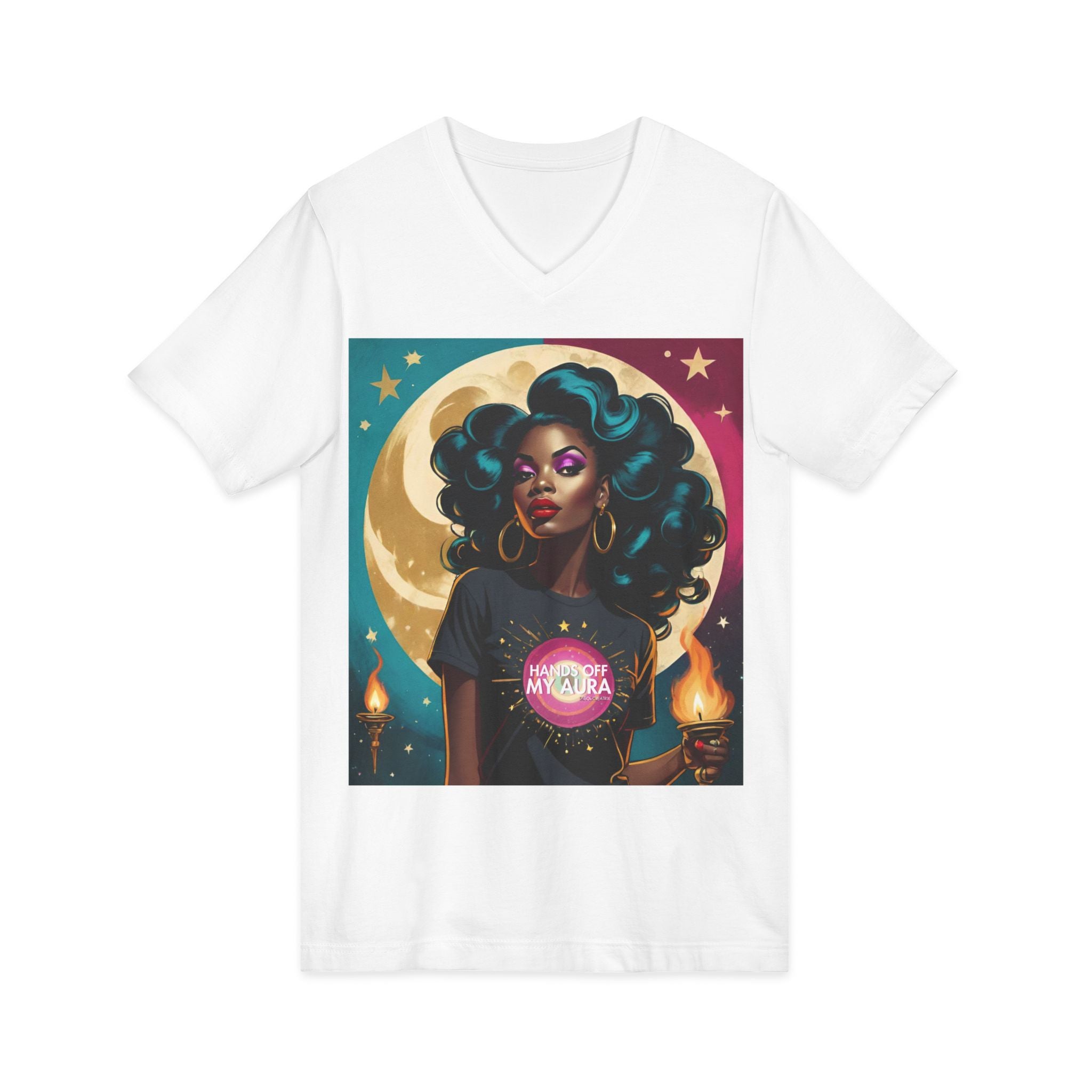 Hands Off My Aura Vintage Glam V-Neck Tee — Retro Glam Portrait Graphic T-Shirt