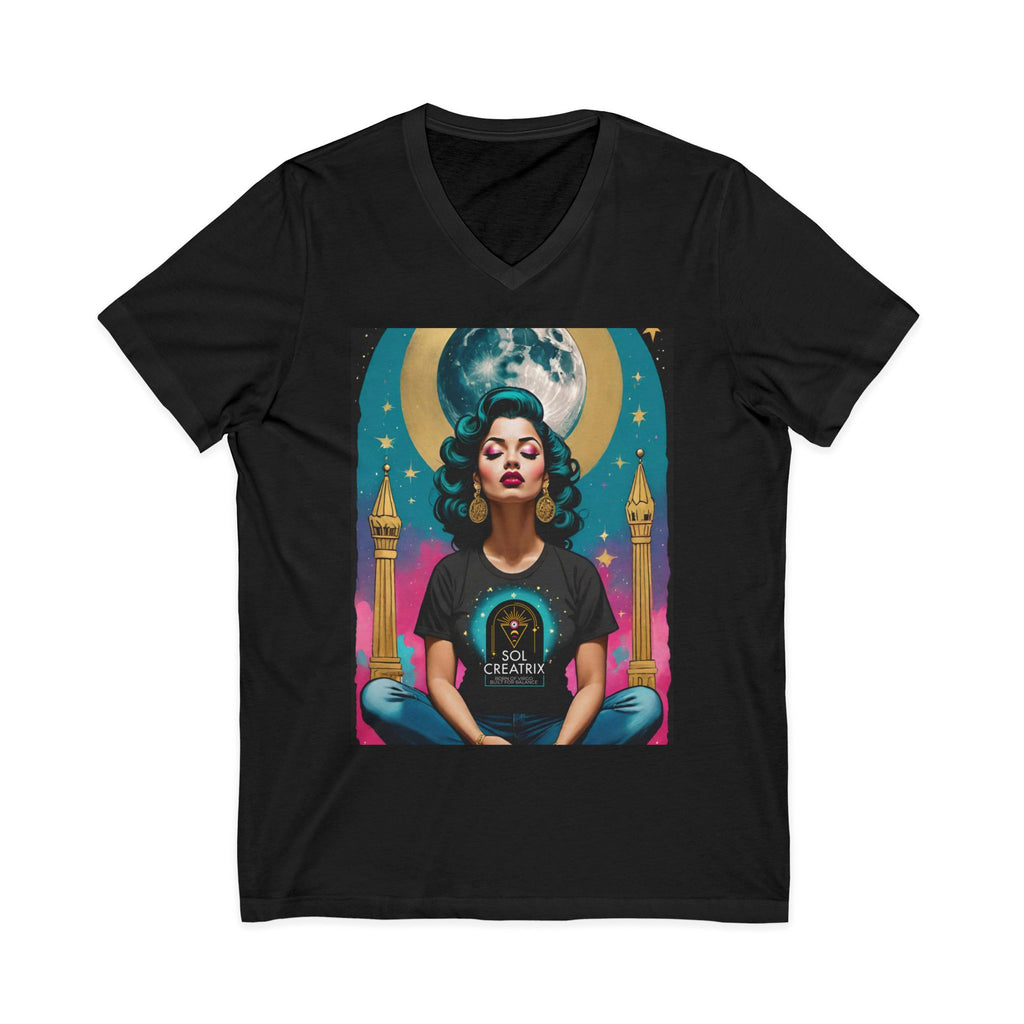 Sol Creatrix Vintage Retro Glam Astro Meditation V‑Neck Tee — Moon Goddess Retro Graphic T‑Shirt