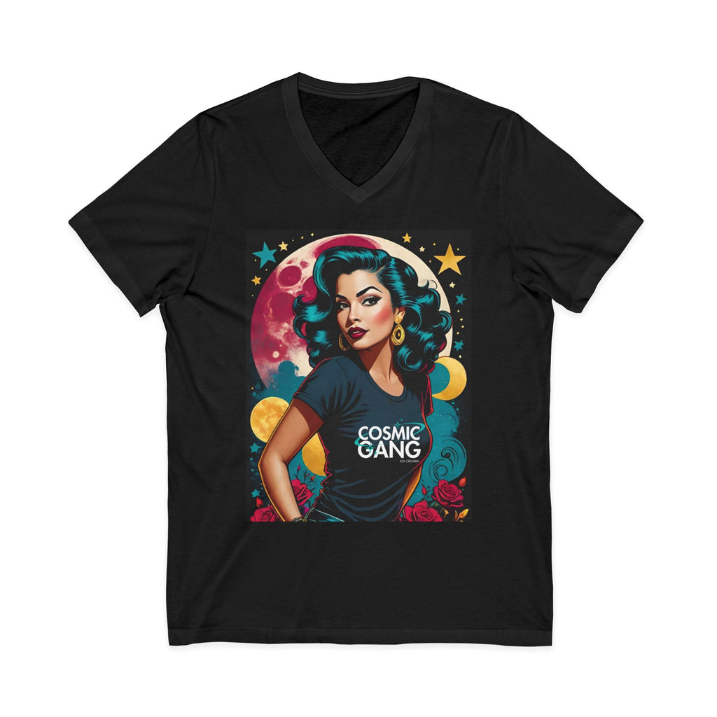 Cosmic Gang Vintage Retro Glam V-Neck Tee — Retro Space Pinup Graphic Shirt