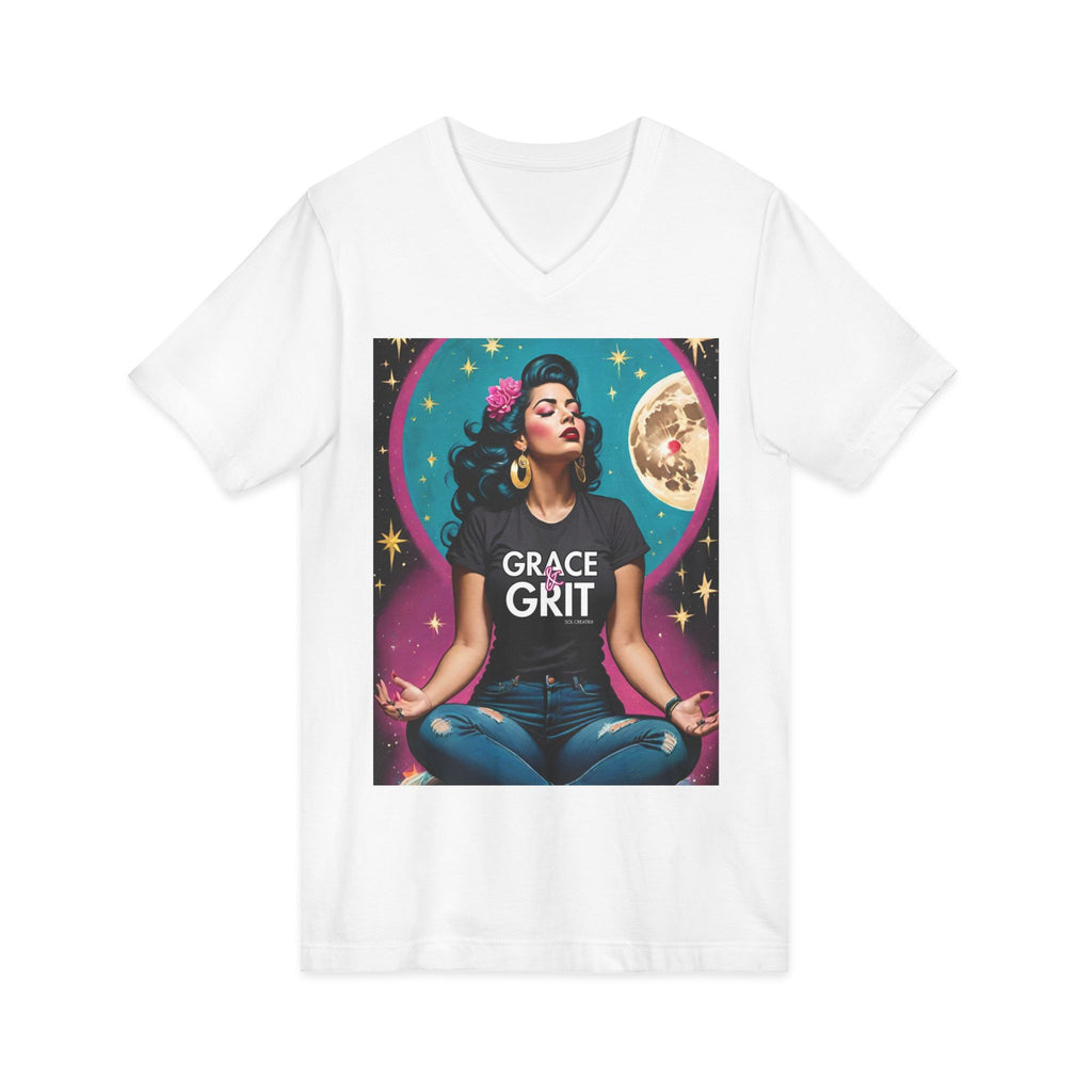 Grace & Grit Magenta Vintage Retro Glam Meditation V-Neck Tee — Retro Zen Woman Graphic Shirt