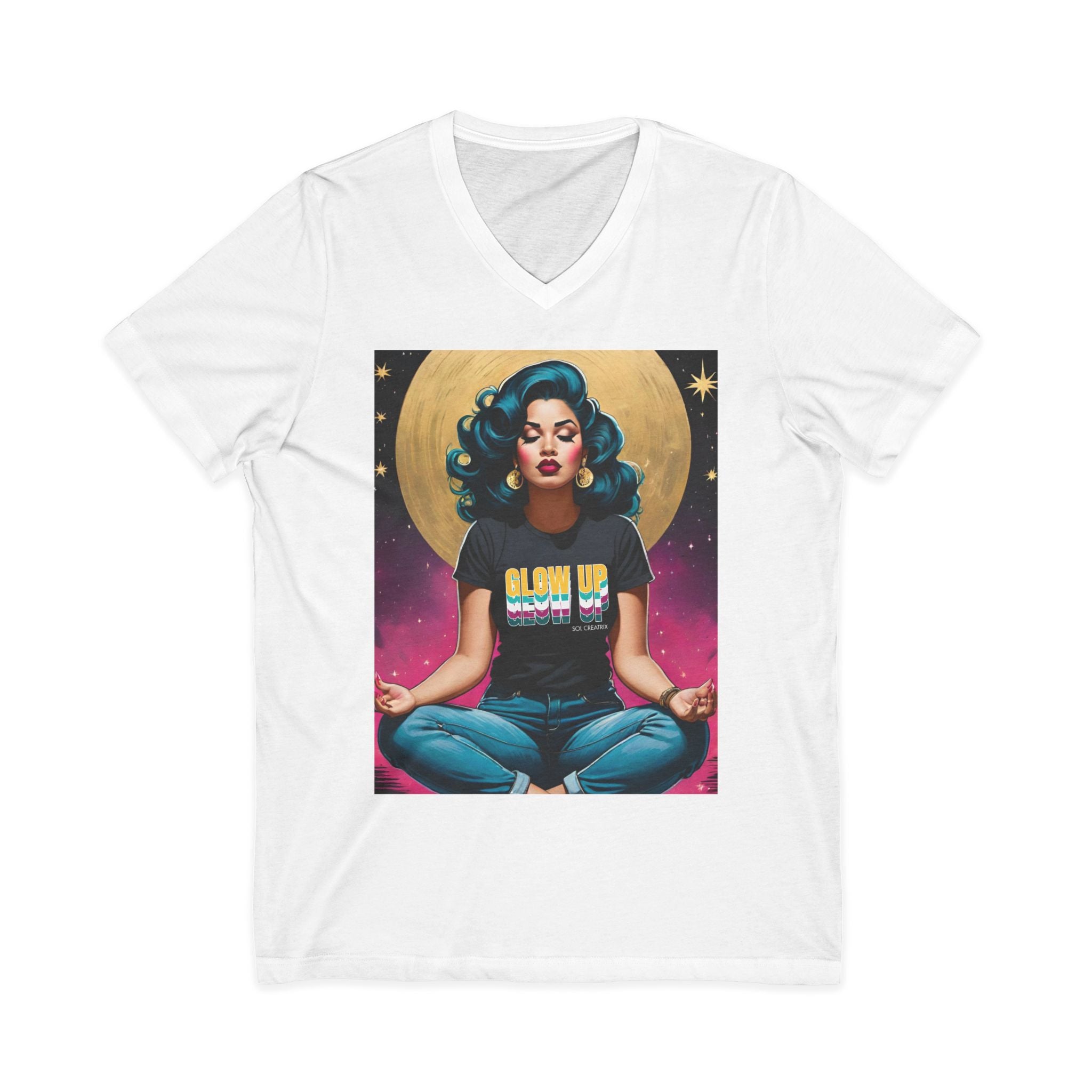 Glow Up Vintage Retro Glam Meditation V-Neck Tee — 'Glow Up' Retro Goddess Graphic T-Shirt