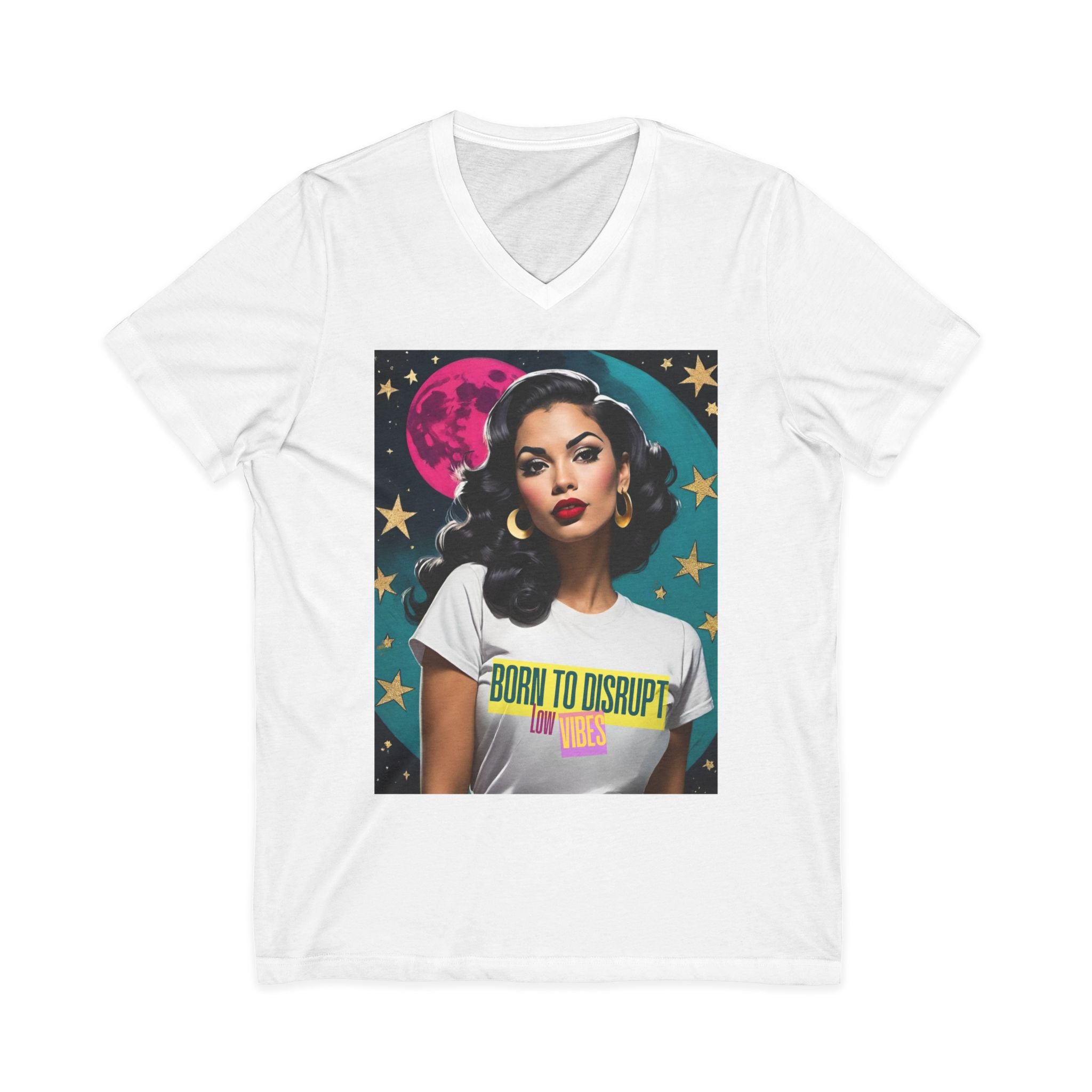 Born to Disrupt Low Vibes Vintage Retro Glam Graphic V‑Neck Tee