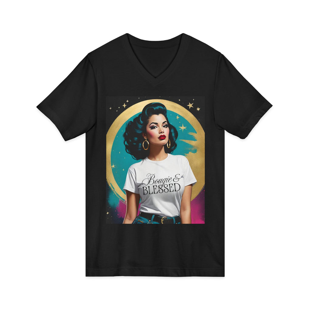 Bougie and Blessed Vintage Retro Glam V-Neck Tee — "Bougie & Blessed" Retro Pinup Graphic T-Shirt