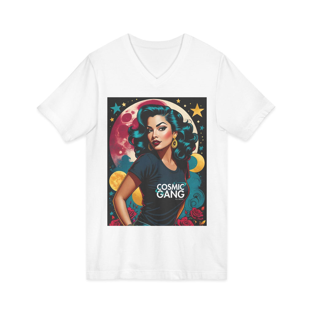 Cosmic Gang Vintage Retro Glam V-Neck Tee — Retro Space Pinup Graphic Shirt