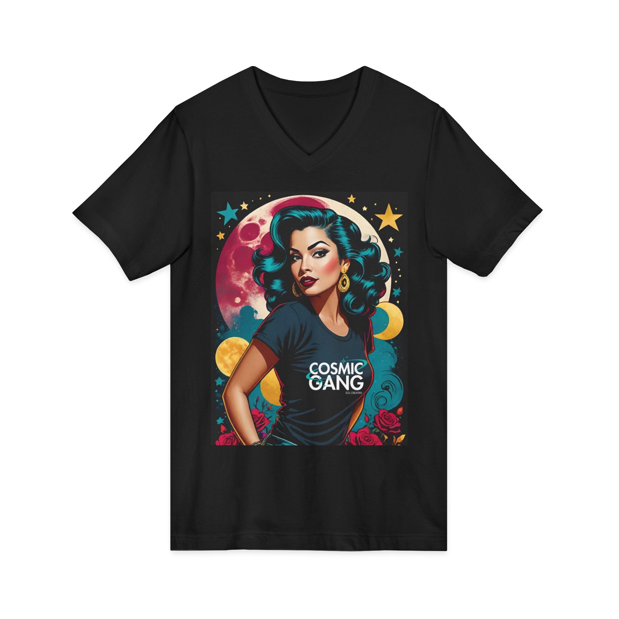 Cosmic Gang Vintage Retro Glam V-Neck Tee — Retro Space Pinup Graphic Shirt