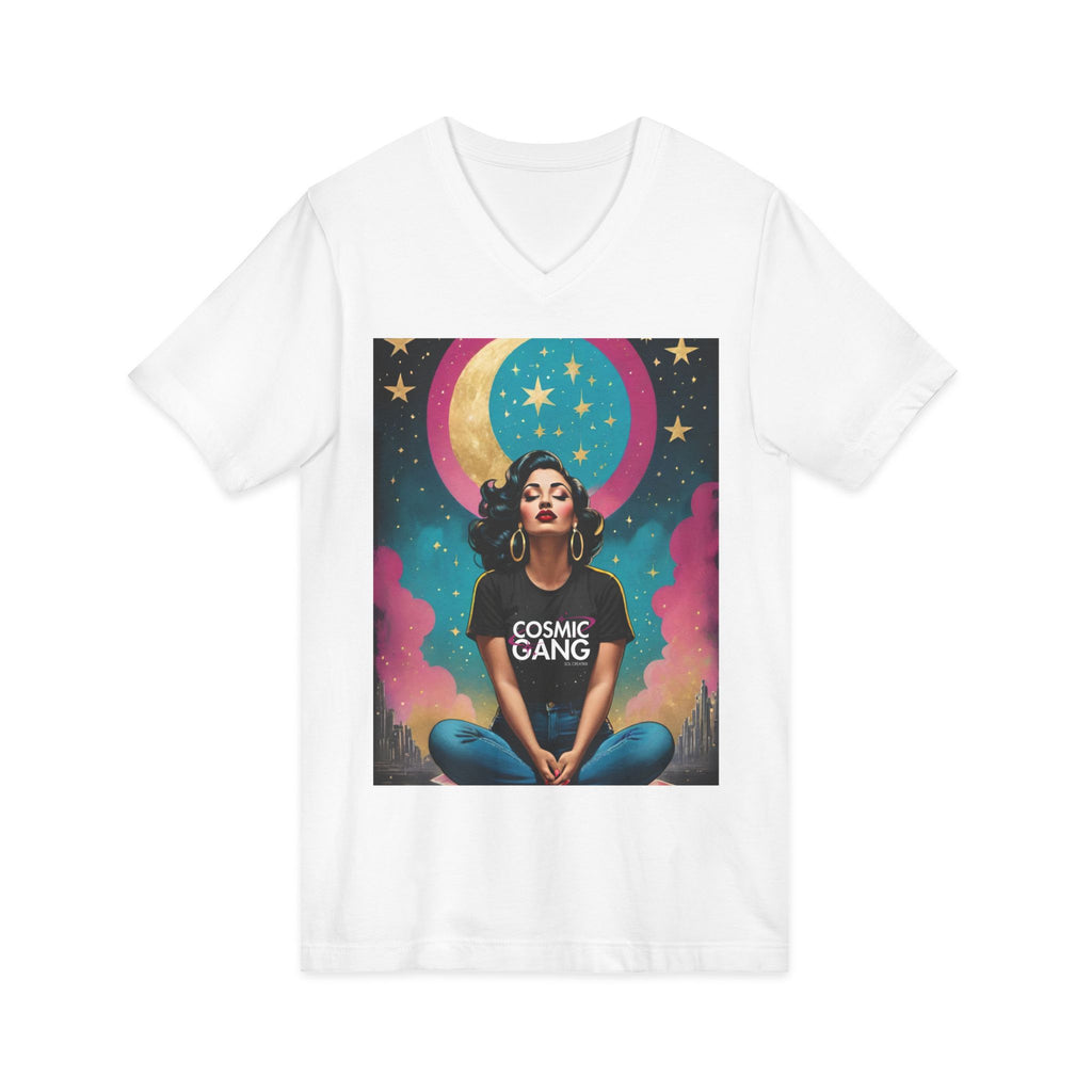 Cosmic Gang Vintage Retro Glam V‑Neck Tee — Retro Moon & Stars Graphic T‑Shirt