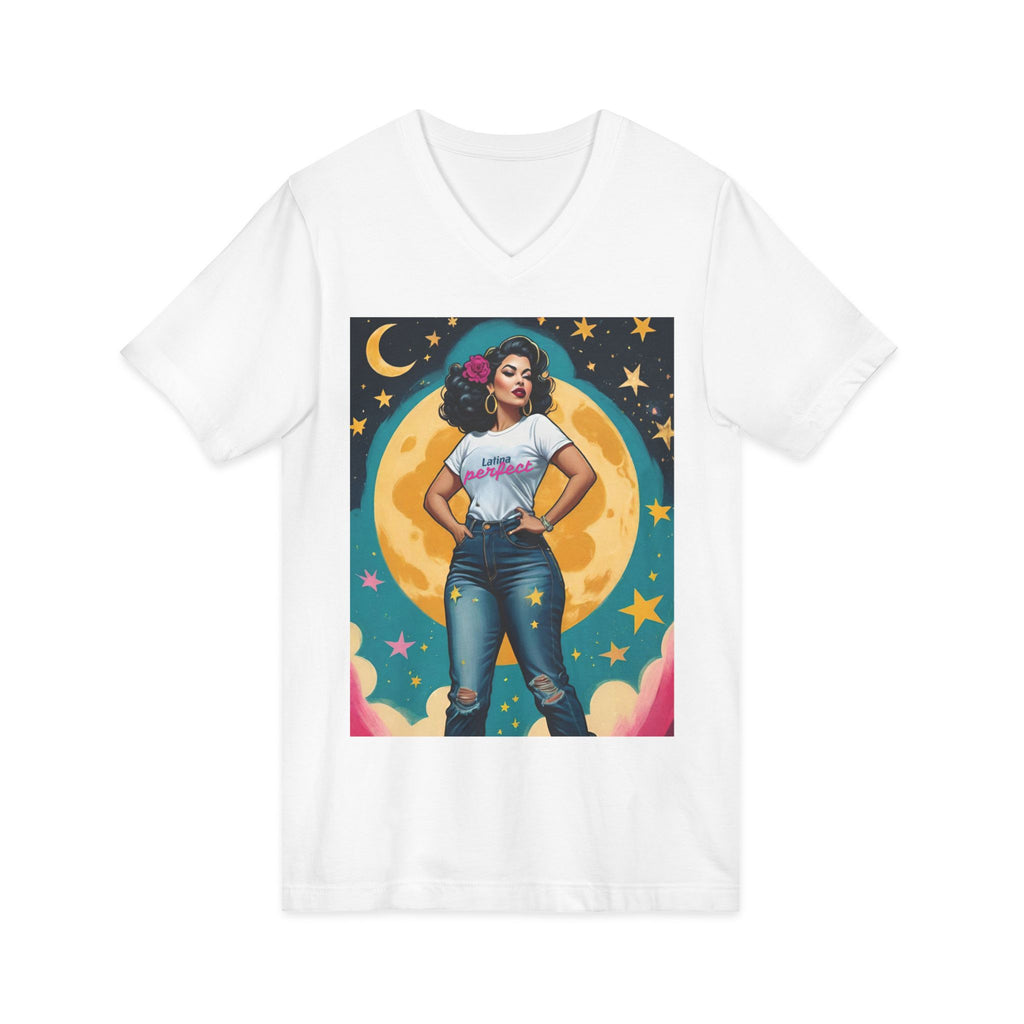 Latina Perfect Vintage Retro Glam Moonrise Babe V-Neck Tee — Confident Retro Woman Graphic Shirt