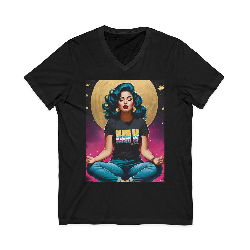 Glow Up Vintage Retro Glam Meditation V-Neck Tee — 'Glow Up' Retro Goddess Graphic T-Shirt
